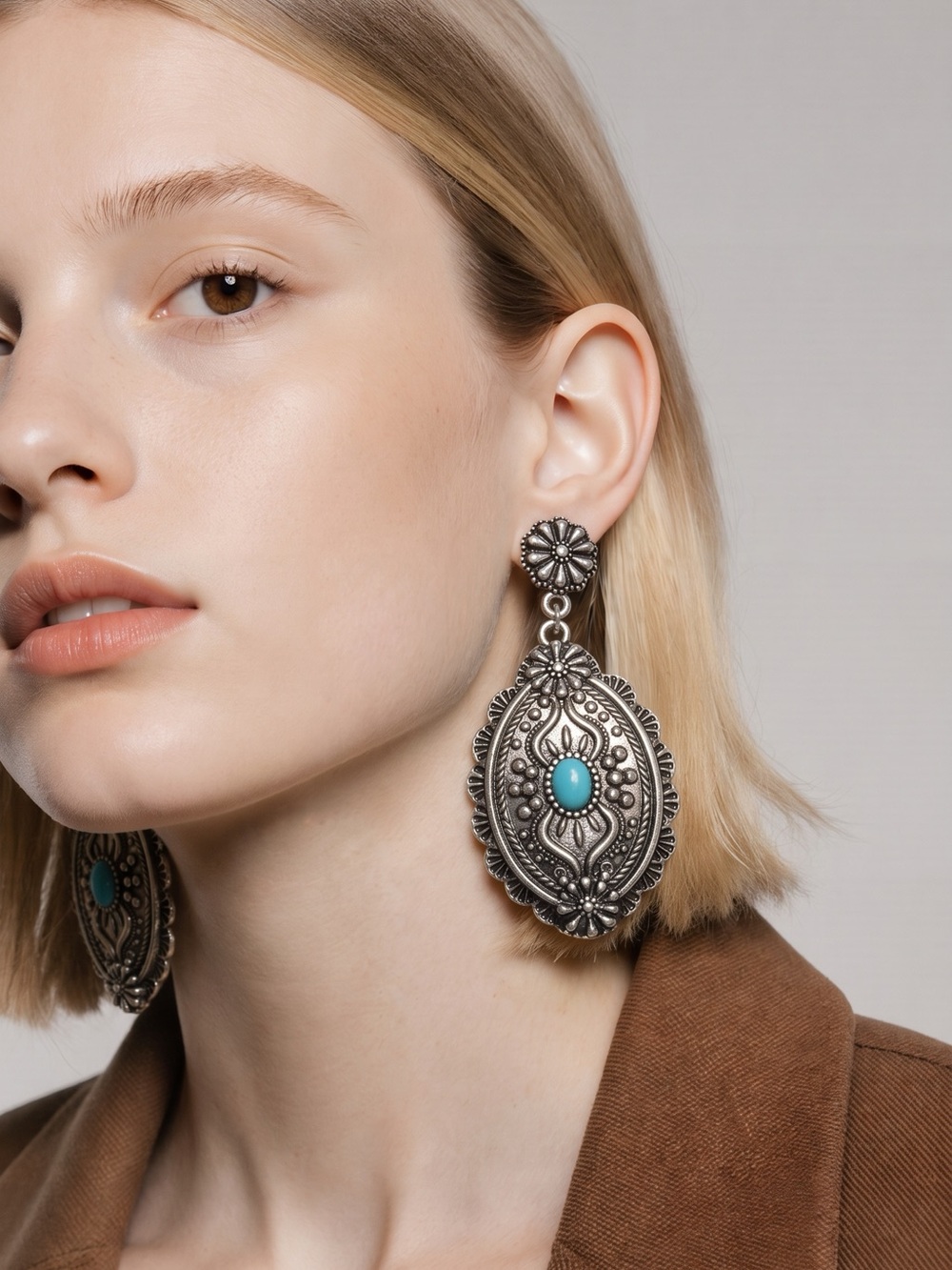 NWT Western Silver-Tone Drop Earrings with Turquoise Accent
